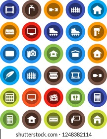 White Solid Icon Set- welcome mat vector, pen, blackboard, calculator, roller Skates, money, dry cargo, film frame, monitor, mail, home, connection, water supply, fence, rooms signboard, camera
