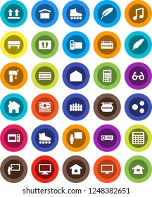 White Solid Icon Set- welcome mat vector, pen, blackboard, glasses, music, calculator, roller Skates, money, dry cargo, top sign, monitor, mail, share, home, bench, water supply, fence, video camera