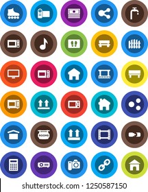 White Solid Icon Set- welcome mat vector, microwave oven, calculator, music, cash, roller Skates, dry cargo, top sign, film frame, monitor, link, share, home, bench, connection, water supply, fence