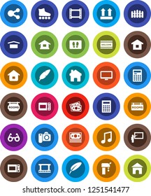 White Solid Icon Set- welcome mat vector, microwave oven, pen, blackboard, glasses, calculator, music, roller Skates, money, dry cargo, top sign, film frame, monitor, share, home, water supply