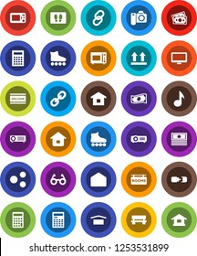 White Solid Icon Set- welcome mat vector, microwave oven, glasses, calculator, music, cash, roller Skates, money, dry cargo, top sign, monitor, link, mail, share, bench, connection, rooms signboard