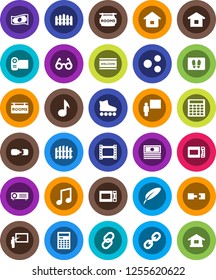 White Solid Icon Set- welcome mat vector, microwave oven, pen, blackboard, glasses, calculator, music, cash, roller Skates, film frame, link, share, connection, fence, rooms signboard, home
