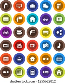 White Solid Icon Set- welcome mat vector, microwave oven, blackboard, glasses, calculator, music, roller Skates, money, dry cargo, monitor, share, home, bench, connection, water supply, fence