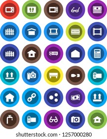 White Solid Icon Set- welcome mat vector, microwave oven, glasses, calculator, cash, dry cargo, top sign, film frame, link, mail, share, home, bench, connection, water supply, fence, camera, video