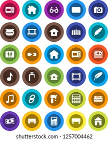 White Solid Icon Set- welcome mat vector, microwave oven, pen, glasses, calculator, music, cash, money, film frame, link, mail, home, bench, connection, water supply, fence, rooms signboard, camera