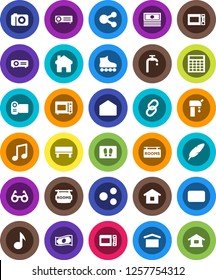 White Solid Icon Set- welcome mat vector, microwave oven, pen, glasses, music, cash, calculator, roller Skates, dry cargo, link, mail, share, home, bench, water supply, rooms signboard, camera