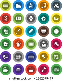 White Solid Icon Set- welcome mat vector, kettle, apron, pen, student, music, exchange, fitball, roller Skates, pool, satellite, traffic light, ship, truck trailer, wood box, tulip, package, dropper