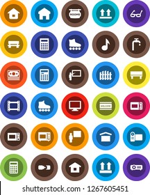 White Solid Icon Set- welcome mat vector, microwave oven, blackboard, glasses, calculator, music, roller Skates, money, dry cargo, top sign, film frame, monitor, home, bench, connection, fence