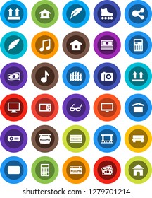 White Solid Icon Set- welcome mat vector, pen, glasses, calculator, music, cash, roller Skates, money, dry cargo, top sign, film frame, monitor, mail, share, bench, fence, rooms signboard, home