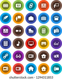 White Solid Icon Set- welcome mat vector, microwave oven, pen, blackboard, glasses, calculator, music, cash, roller Skates, money, dry cargo, monitor, link, mail, home, bench, connection, fence