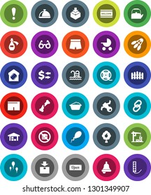 White Solid Icon Set- welcome mat vector, foam basin, kettle, dish, glasses, bell, exchange, shorts, shuttlecock, pool, no fastfood, attention, satellite, package, film spool, link, broken bone
