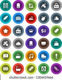 White Solid Icon Set- welcome mat vector, kettle, dish, chicken leg, pen, pencil, music, exchange, roller Skates, attention, satellite, truck trailer, dry cargo, battery, mountain, fence, bath, buy