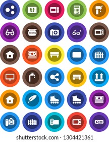 White Solid Icon Set- welcome mat vector, microwave oven, pen, glasses, cash, calculator, roller Skates, money, top sign, monitor, mail, share, bench, water supply, fence, rooms signboard, home