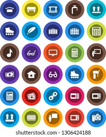 White Solid Icon Set- welcome mat vector, microwave oven, pen, blackboard, glasses, calculator, music, cash, roller Skates, money, dry cargo, top sign, film frame, monitor, link, bench, water supply