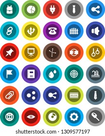 White Solid Icon Set- welcome mat vector, copybook, backpack, presentation, flag, constellation, pie graph, tie, target, pool, gymnast rings, speaker, classic phone, social media, link, thumbtack