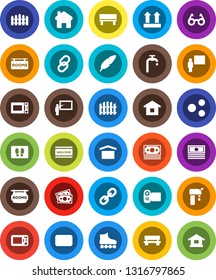 White Solid Icon Set- welcome mat vector, microwave oven, pen, blackboard, glasses, cash, roller Skates, money, dry cargo, top sign, link, mail, share, home, bench, water supply, fence, video camera