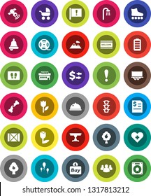 White Solid Icon Set- welcome mat vector, dish, bell, exchange, annual report, roller Skates, attention, traffic light, truck trailer, wood box, tulip, film spool, satellitie, group, battery, sperm