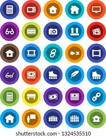 White Solid Icon Set- welcome mat vector, pen, blackboard, glasses, calculator, cash, roller Skates, money, top sign, film frame, monitor, link, home, bench, connection, fence, microwave oven