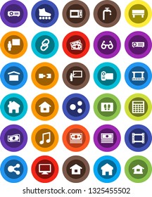 White Solid Icon Set- welcome mat vector, microwave oven, blackboard, glasses, music, cash, calculator, roller Skates, money, dry cargo, film frame, monitor, link, share, home, bench, connection