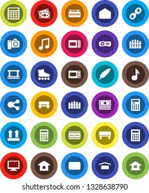 White Solid Icon Set- welcome mat vector, microwave oven, pen, calculator, music, cash, roller Skates, money, dry cargo, top sign, film frame, monitor, link, mail, share, bench, fence, home, camera
