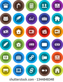 White Solid Icon Set- welcome mat vector, microwave oven, pen, glasses, cash, calculator, money, dry cargo, top sign, film frame, link, mail, home, bench, connection, water supply, fence, projector