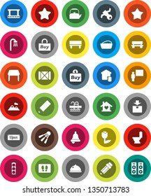 White Solid Icon Set- welcome mat vector, toilet, foam basin, kettle, dish, pencil, blackboard, bell, shuttlecock, pool, satellite, traffic light, wood box, tulip, package, film frame, bench, table