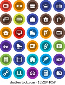 White Solid Icon Set- welcome mat vector, microwave oven, pen, blackboard, glasses, calculator, cash, roller Skates, dry cargo, top sign, film frame, monitor, link, mail, home, connection, fence