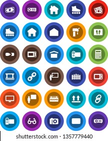 White Solid Icon Set- welcome mat vector, microwave oven, blackboard, glasses, cash, calculator, roller Skates, money, dry cargo, top sign, film frame, monitor, link, mail, home, connection, fence