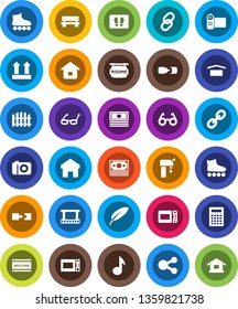 White Solid Icon Set- welcome mat vector, microwave oven, pen, glasses, calculator, music, cash, roller Skates, money, dry cargo, top sign, film frame, link, share, home, bench, connection, fence