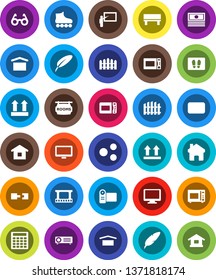 White Solid Icon Set- welcome mat vector, microwave oven, pen, blackboard, glasses, cash, calculator, roller Skates, dry cargo, top sign, film frame, monitor, mail, share, home, bench, connection