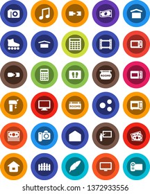 White Solid Icon Set- welcome mat vector, microwave oven, pen, blackboard, music, cash, calculator, roller Skates, money, dry cargo, film frame, monitor, mail, share, connection, water supply, fence