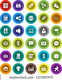 White Solid Icon Set- welcome mat vector, mixer, thermometer, mushroom, calculator, notebook pc, constellation, pie graph, hoop, no hook, warehouse, package, weight, barcode, speaker, equalizer