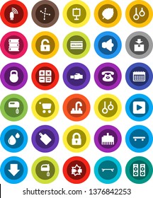 White Solid Icon Set- welcome mat vector, water tap, cutting board, mixer, book, presentation, leaf, constellation, arrow down, skateboard, calendar, gymnast rings, package, weight, speaker, lock