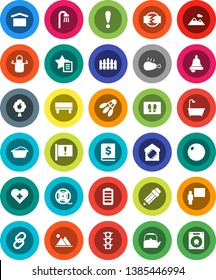 White Solid Icon Set- welcome mat vector, foam basin, kettle, apron, chicken leg, pencil, blackboard, bell, annual report, fitball, shuttlecock, attention, traffic light, dry cargo, film spool, link