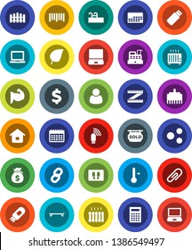 White Solid Icon Set- welcome mat vector, thermometer, calculator, notebook pc, leaf, money bag, dollar sign, measuring, muscule hand, skateboard, calendar, barcode, usb modem, lan connector, share