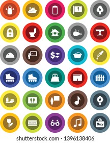 White Solid Icon Set- welcome mat vector, toilet, foam basin, kettle, apron, dish, chicken leg, blackboard, glasses, music, exchange, shorts, roller Skates, attention, ship, tulip, battery, dropper