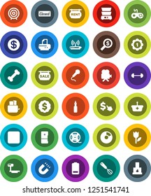 White Solid Icon Set- whisk vector, toaster, double boiler, oil, magnet, pie graph, money search, target, dollar medal, cursor, barbell, bone, tulip, big scales, film spool, gamepad, video camera