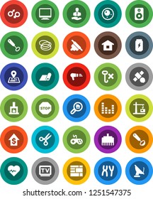 White Solid Icon Set- whisk vector, ladle, rolling pin, scissors, dollar growth, heart pulse, enegry drink, fitness mat, hoop, navigator, satellite, client, consolidated cargo, no hook, gamepad, tv