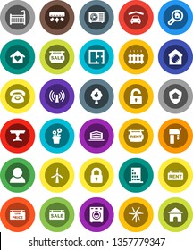 White Solid Icon Set- windmill vector, water supply, fruit tree, garage, plan, sale signboard, rent, low price, office building, search estate, consumer, lock, unlock, crib, table, washer, love home