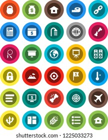 White Solid Icon Set- window cleaning vector, shower, thermometer, calculator, presentation, world, target, board, dollar flag, calendar, monitor, measuring, weight, jump rope, cereals, earth, plane