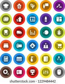White Solid Icon Set- window cleaning vector, sprayer, measuring cup, cook hat, spices, plates, blackboard, calculator, award, dollar growth, auction, safe, shorts, water bottle, calendar, cereals