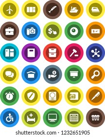White Solid Icon Set- window cleaning vector, iron, copybook, pen, alarm clock, schedule, archive, molecule, case, investment, presentation board, dollar cursor, ship, dry cargo, dialog, disabled