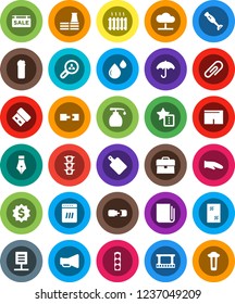 White Solid Icon Set- window cleaning vector, liquid soap, agent, cook glove, cutting board, blender, pen, case, dollar medal, shorts, traffic light, umbrella, film frame, newspaper, loudspeaker
