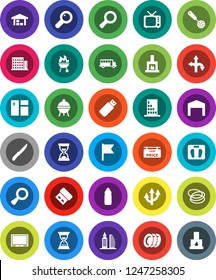 White Solid Icon Set- window cleaning vector, plates, skimmer, knife, bbq, school bus, flag, magnifier, sand clock, scales, water bottle, hoop, route, tv, arrow, barn, low price signboard, fireplace