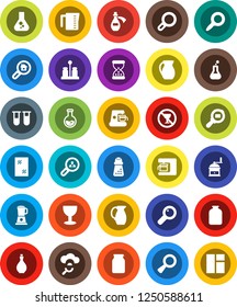 White Solid Icon Set- window cleaning vector, oil, measuring cup, hand mill, spices, jug, jar, magnifier, flask, no alcohol sign, glass, cargo search, vial, sand clock, potion, cloud, estate, client