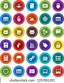 White Solid Icon Set- window cleaning vector, welcome mat, cutting board, copybook, notebook pc, certificate, target, calendar, hoop, no hook, weight, link, connect, usb modem, message, unlock, cart