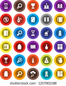 White Solid Icon Set- window cleaning vector, shining, oil, measuring cup, hand mill, spices, jug, jar, flask, no alcohol sign, glass, vial, magnifier, sand clock, potion, cloud, client search