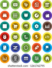 White Solid Icon Set- window cleaning vector, welcome mat, document, flag, pie graph, presentation board, measuring, weight, shorts, calendar, hoop, tulip, big scales, settings, equalizer, backward