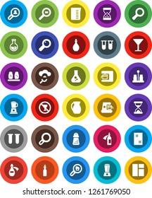 White Solid Icon Set- window cleaning vector, oil, measuring cup, hand mill, spices, jug, magnifier, flask, no alcohol sign, glass, cargo search, vial, sand clock, potion, cloud, estate, client
