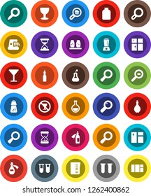 White Solid Icon Set- window cleaning vector, shining, oil, measuring cup, hand mill, spices, jar, magnifier, no alcohol sign, glass, cargo search, flask, vial, sand clock, potion, estate, blender